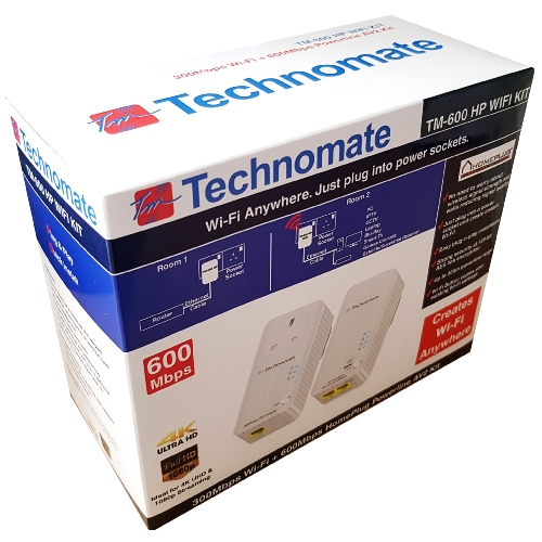 Technomate TM-600 HP WIFI KIT 600 Mbps 2-Port HomePlug AV2 Powerline Adapter, Wi-Fi Range Extender, Wireless Booster Starter Kit (Pack of 2)