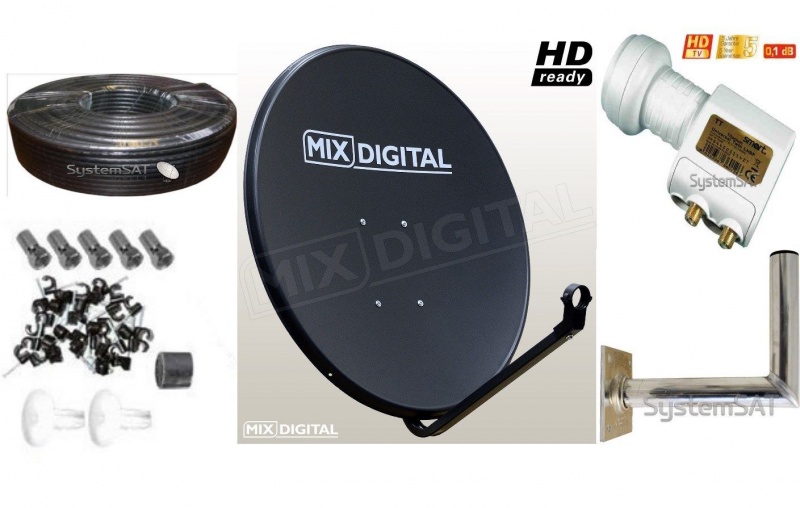 1m Mix Digital Solid Satellite Dish Kit with Twin Lnb, WM, Twin Cable + Fit